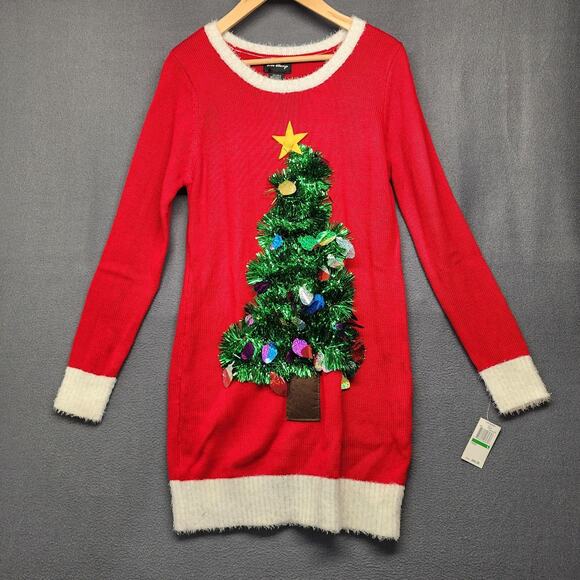 Love Always Sweater Dress Womens Large Red White Ugly Christmas Tree 3D Tinsel - Picture 1 of 15